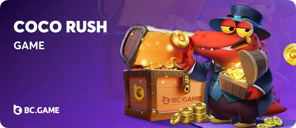 Cartoon alligator character with a top hat and suit holding a chest of golden coins next to an overflowing treasure chest with the "Coco Rush" game logo on the background