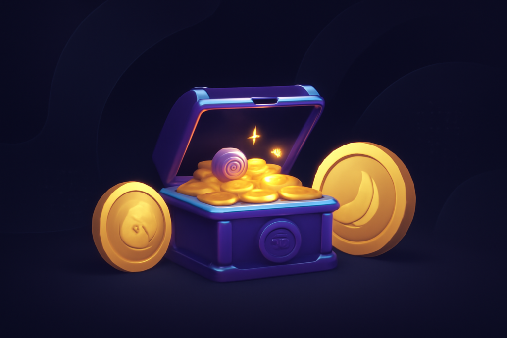 Purple treasure chest overflowing with golden coins and glowing lights