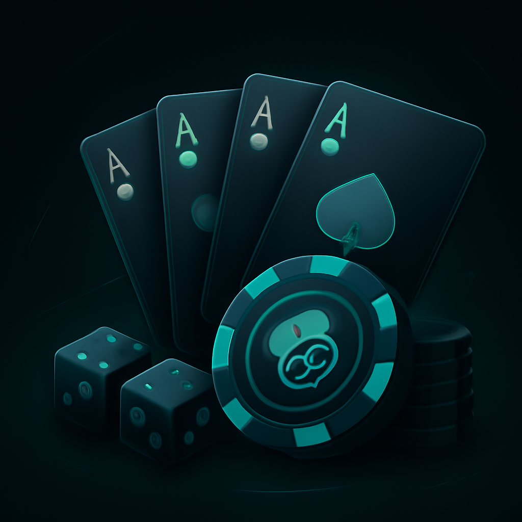 Four aces, poker chip, and dice on a dark poker-themed background