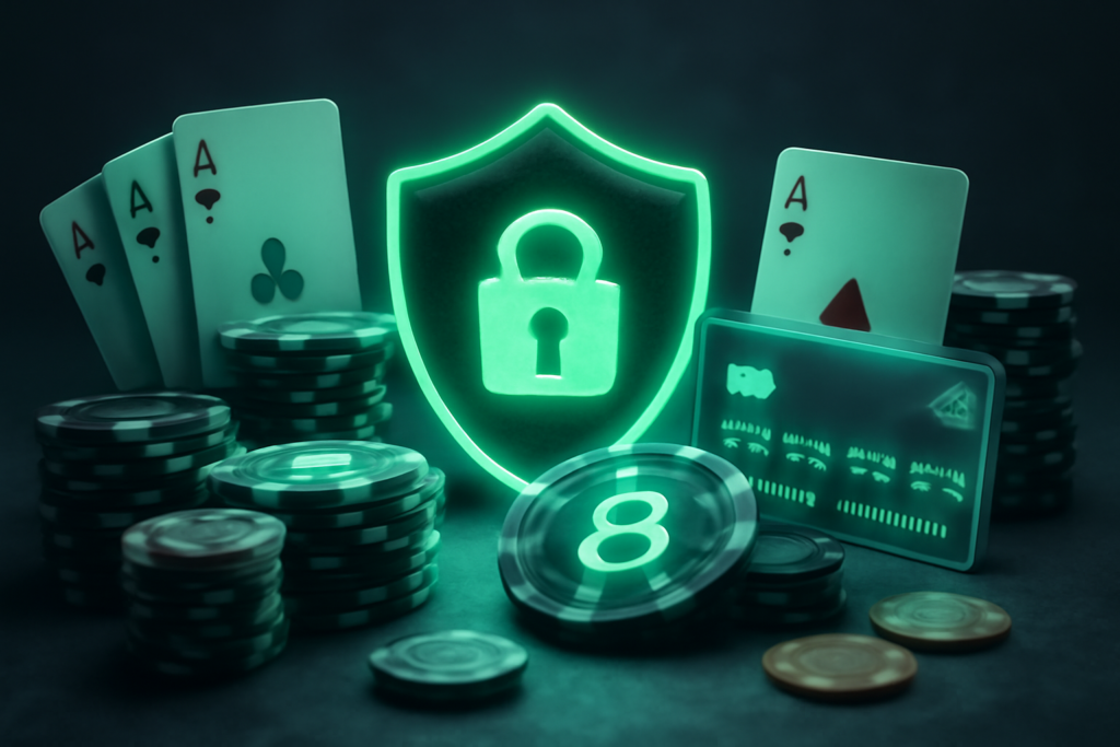 رة لدرع أمان مع رمز قفل، أكوام من الرقائق، وبطاقات لعب مع بيانات على بطاقة مغطاة.