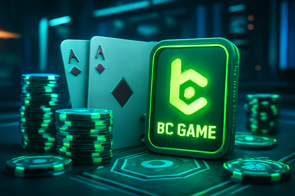 ورة لبطاقات لعب وأكوام من الرقائق المضيئة مع شعار BC Game.